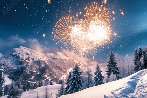 Night winter landscape of a snow covered mountains with festive fireworks in the sky photo