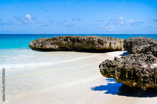 Pristine cuban beach with rocks and white sand in Cayo Santa Maria