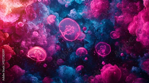 Fantasy concept. Vibrant abstract jellyfish floating in a cosmic background.