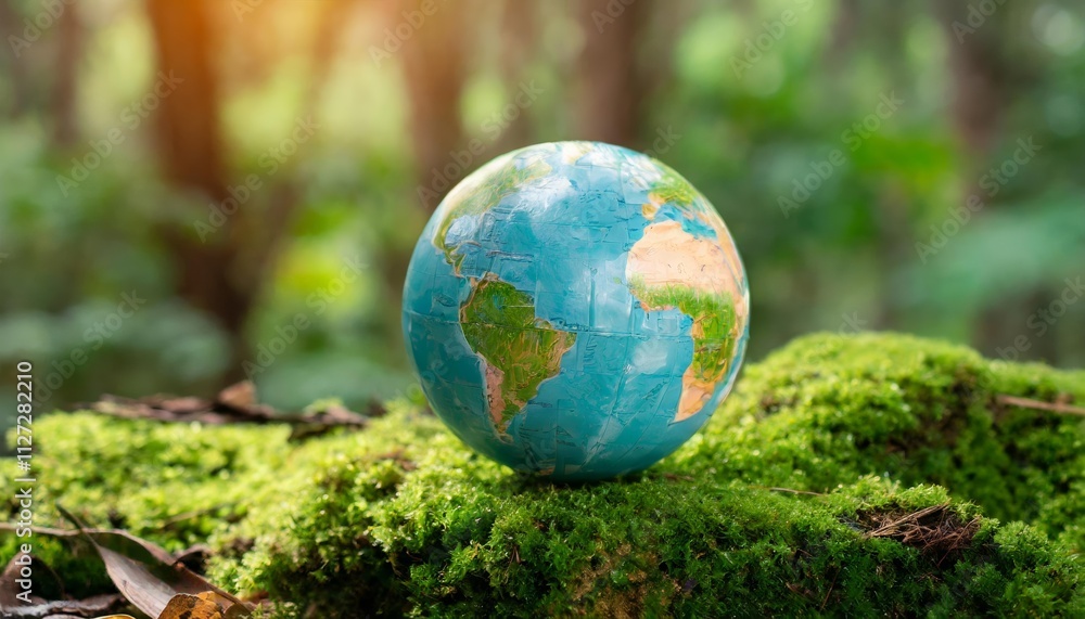 Globe on Moss in Forest A Symbol of Environmental Awareness and Earth Day Celebration, Emphasizing the Beauty of Our Green Planet and the Importance of Protecting Nature for Future Generations Globe on Moss in Forest A Symbol of Environmental Awareness and Earth Day Celebration, Emphasizing the Beauty of Our Green Planet and the Importance of Protecting Nature for Future Generations