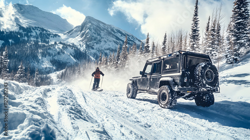 A rugged off-road vehicle towing a skier over a bumpy snow-covered trail in the mountains.
