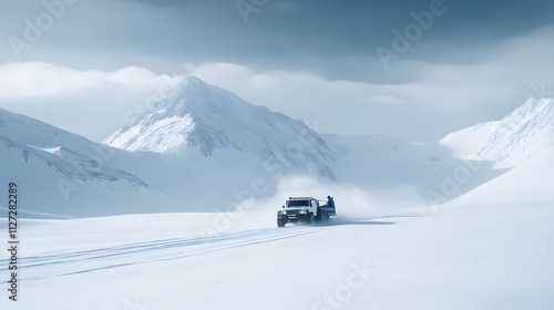Obraz na płótnie A rugged truck pulling a skier across a snow-covered mountain plateau at high speed. w salonie