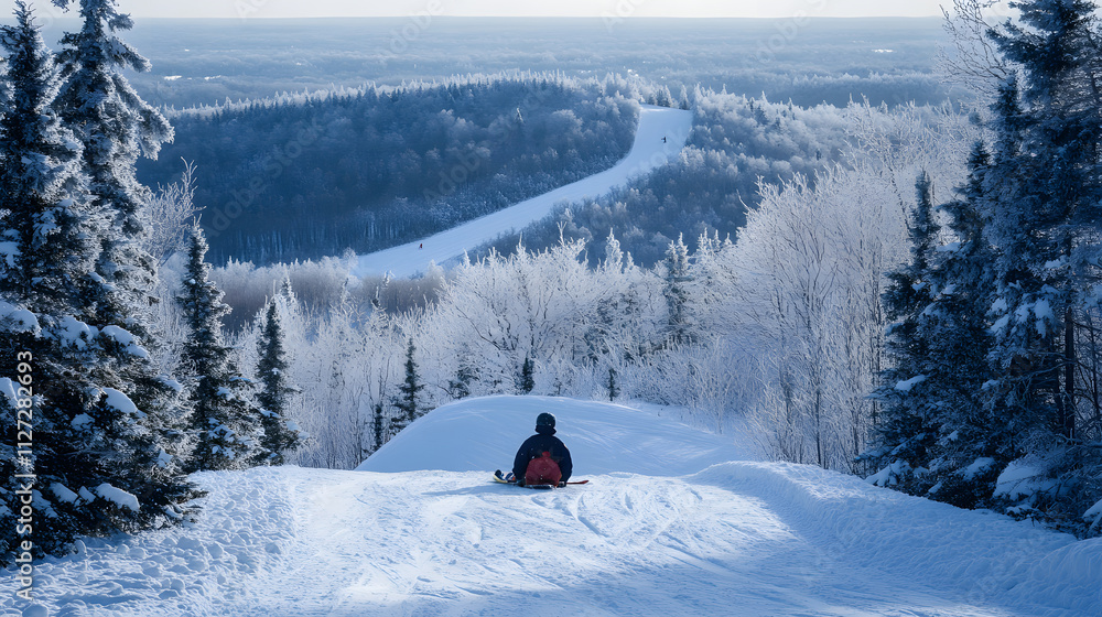 A scenic moment of a sledder pausing at the top of a snowy hill admiring the view.
