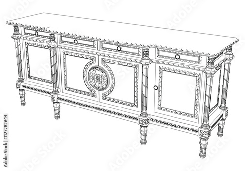 Elegant antique sideboard furniture and home interior decorations in trendy vintage retro style. Modern hand drawn black sketch vector illustrations isolated on white background