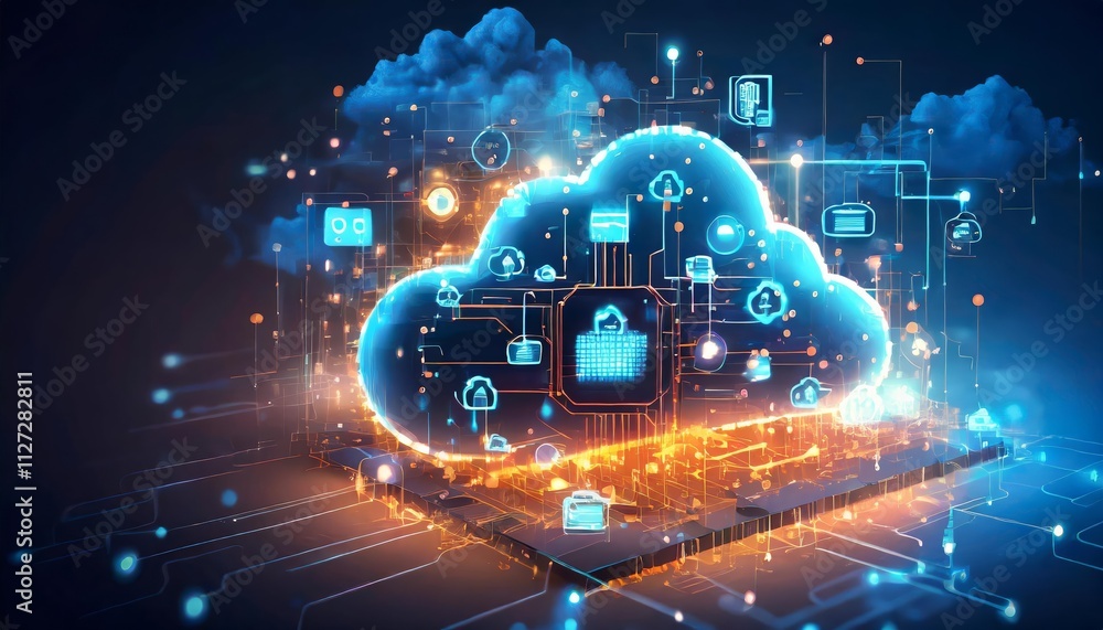Innovative Glowing Cloud Icon Technology Concept Featuring Exploded Panel Design with Cloud Services and Data Protection Elements for Enhanced Digital Security and User Experience Innovative Glowing Cloud Icon Technology Concept Featuring Exploded Panel Design with Cloud Services and Data Protection Elements for Enhanced Digital Security and User Experience