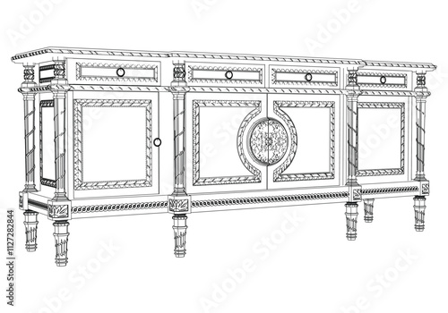 Elegant antique sideboard furniture and home interior decorations in trendy vintage retro style. Modern hand drawn black sketch vector illustrations isolated on white background