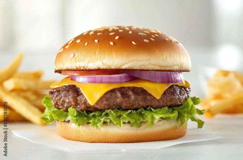 Juicy Hamburger with Melted Cheese, Fresh Lettuce, Sliced Onions, and Crispy French Fries on a Vibrantly Colored Plate Ready for a Delicious Meal Experience Juicy Hamburger with Melted Cheese, Fresh Lettuce, Sliced Onions, and Crispy French Fries on a Vibrantly Colored Plate Ready for a Delicious Meal Experience