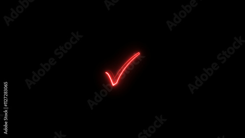 Abstract digital check mark icon glowing neon red color 4k illustration. black background 4k illustration.