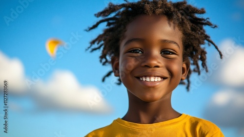 Happy smiling boy with dreadlocks outdoors.