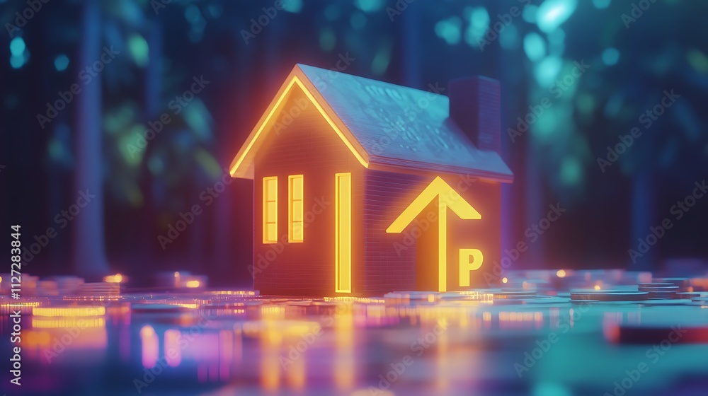 Illuminated House Model Showing Upward Price Trend Illuminated House Model Showing Upward Price Trend