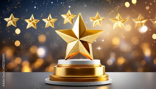 Gold Five Star Rating Trophy Success Award Symbol on a Stunning D Background for Best Customer Achievement Recognition photo