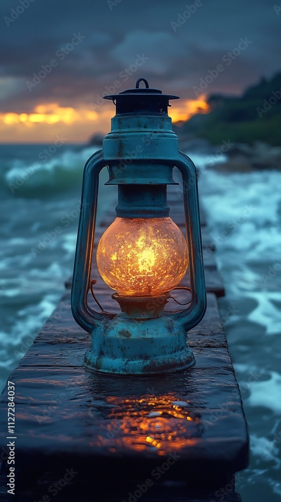 Glowing Lantern on Coastal Pier with Serene Sea Backdrop Glowing Lantern on Coastal Pier with Serene Sea Backdrop