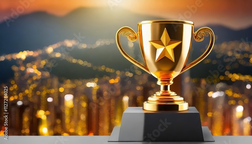 Gold Five Star Rating Trophy Success Award Symbol on Achievement D Background for Best Customer Recognition and Excellence in Service and Quality Performance photo