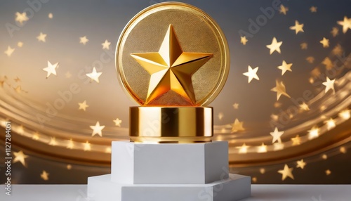 Gold Five Star Rating Trophy Success Award Symbol on Achievement D Background of Best Customer Experience Celebrating Excellence and Quality in Service photo