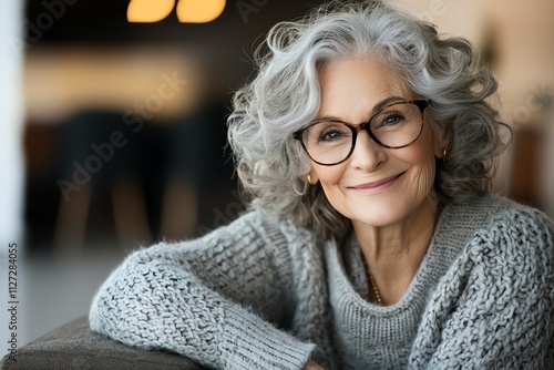 A joyful elderly woman with curly gray hair and glasses smiles warmly, showcasing her delightful personality and wisdom in a cozy indoor setting.