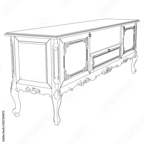 Elegant antique sideboard furniture and home interior decorations in trendy vintage retro style. Modern hand drawn black sketch vector illustrations isolated on white background