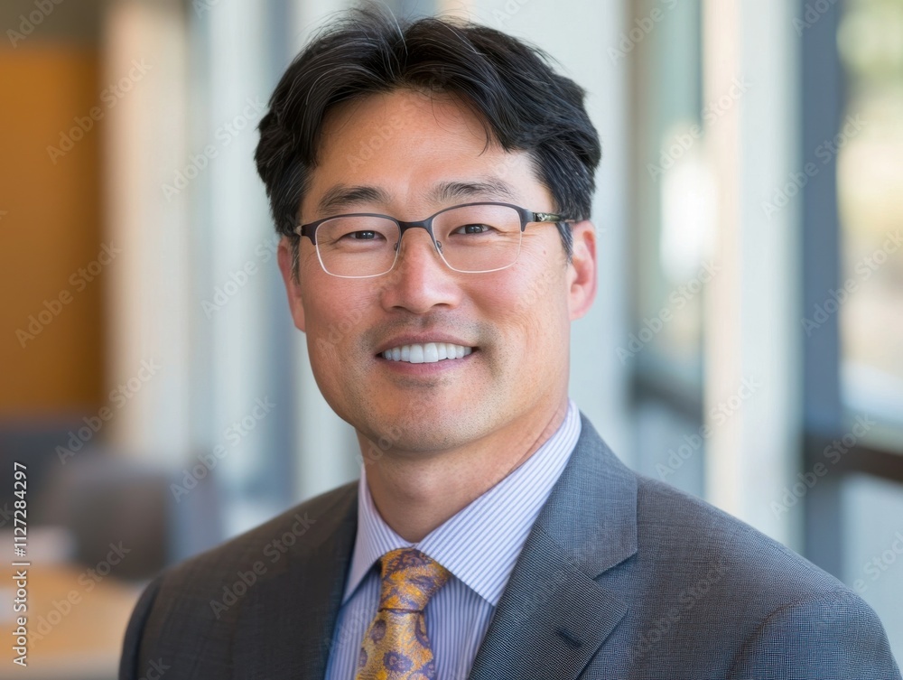 Professional Asian businessman smiling confidently in a modern office setting, dressed in a tailored gray suit with a stylish tie, representing success and leadership in corporate culture. Professional Asian businessman smiling confidently in a modern office setting, dressed in a tailored gray suit with a stylish tie, representing success and leadership in corporate culture.