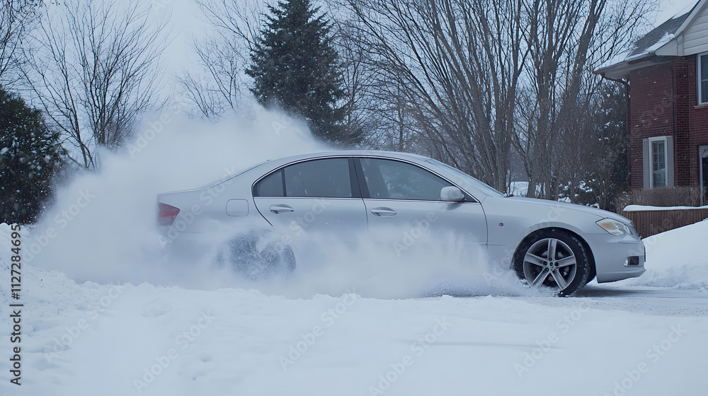 A sedan spinning its wheels helplessly on a snowy driveway unable to gain traction.