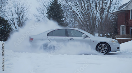 Obraz na płótnie A sedan spinning its wheels helplessly on a snowy driveway unable to gain traction. w salonie
