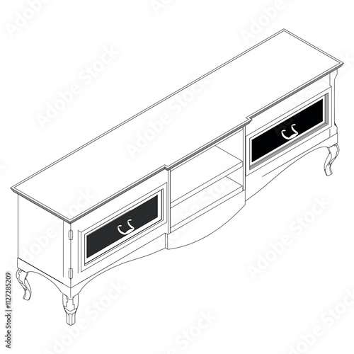 Elegant antique sideboard furniture and home interior decorations in trendy vintage retro style. Modern hand drawn black sketch vector illustrations isolated on white background