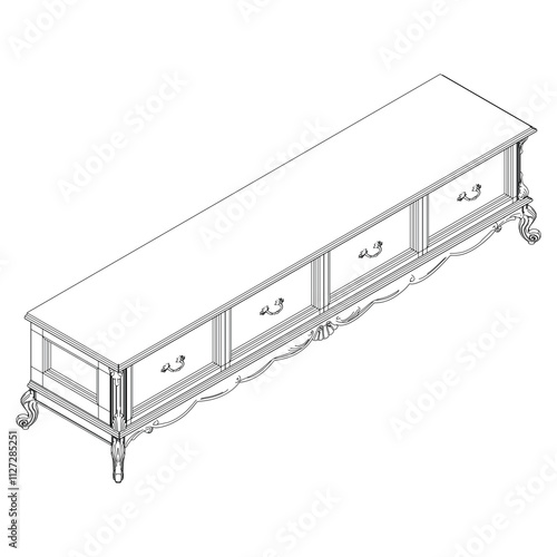 Elegant antique sideboard furniture and home interior decorations in trendy vintage retro style. Modern hand drawn black sketch vector illustrations isolated on white background