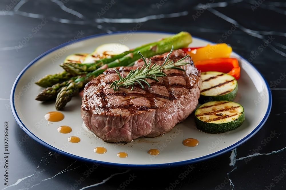 A photo of a grilled steak and vegetables on a plate A photo of a grilled steak and vegetables on a plate