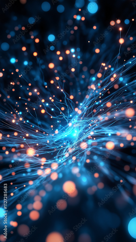 Fototapeta premium Vibrant blue and orange abstract light particles in motion