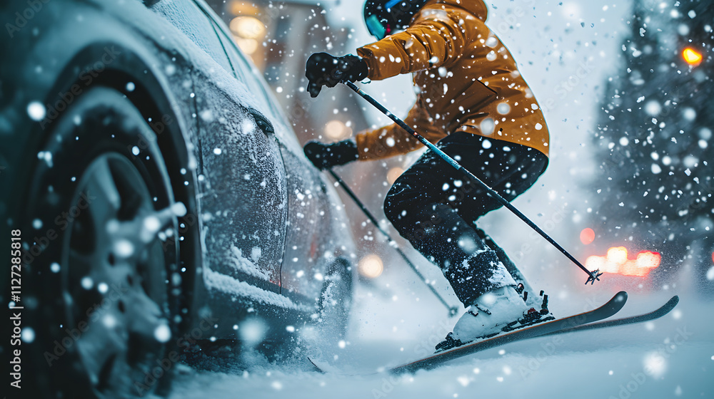 A skier balancing on one leg while gliding behind a car surrounded by falling snowflakes.