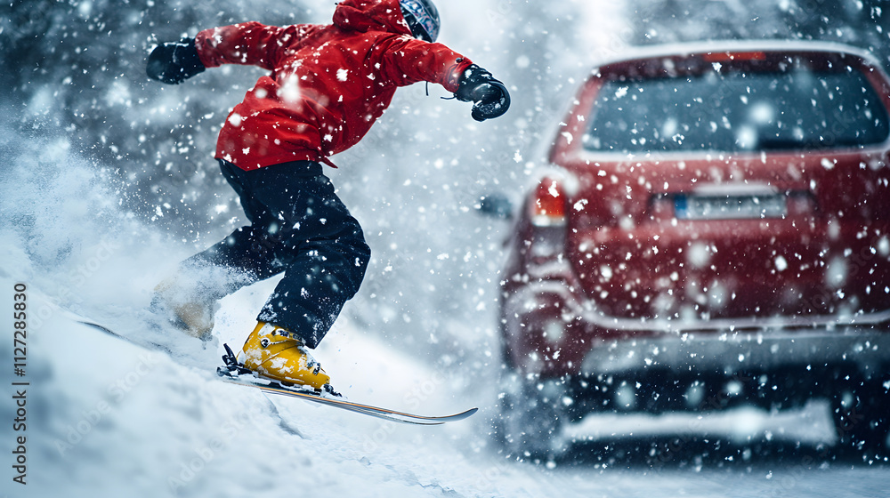 A skier balancing on one leg while gliding behind a car surrounded by falling snowflakes.