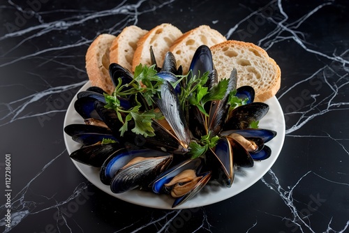 A photo of a plate of cooked mussels garnished with herbs and served with slices of bread photo