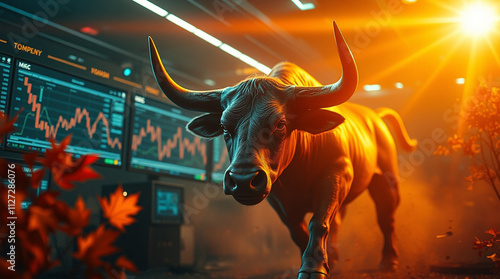 The bull market creative banner featuring raged bull and trading charts in the background