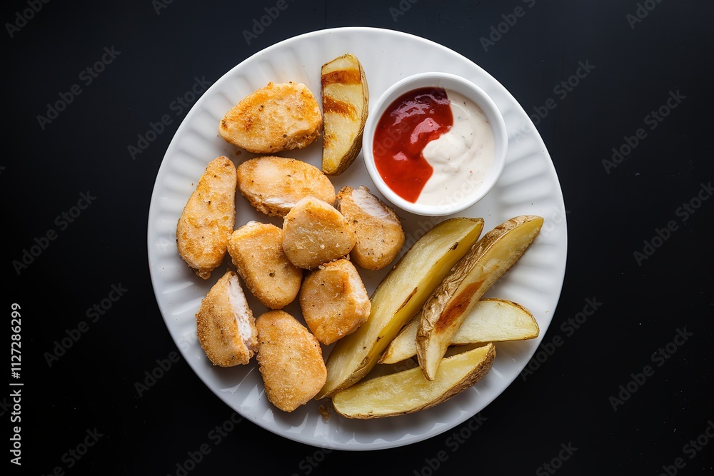 A photo of a plate with cooked chicken nuggets and roasted potato wedges A photo of a plate with cooked chicken nuggets and roasted potato wedges