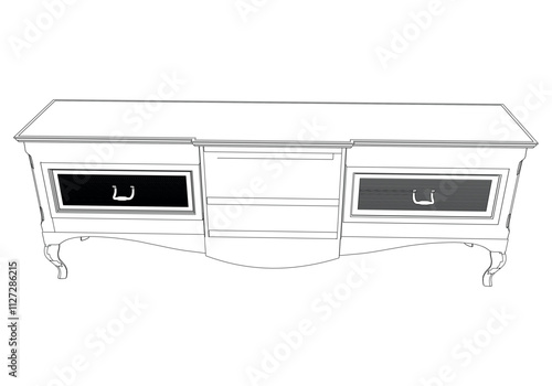 Elegant antique sideboard furniture and home interior decorations in trendy vintage retro style. Modern hand drawn black sketch vector illustrations isolated on white background