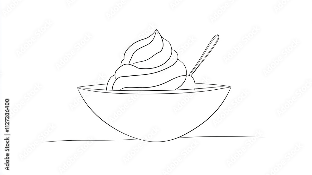 Creamy Dessert in Bowl Spoon Whipped Cream Sweet Treat Food Illustration Line Art Si Creamy Dessert in Bowl Spoon Whipped Cream Sweet Treat Food Illustration Line Art Si