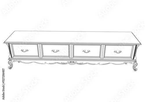 Elegant antique sideboard furniture and home interior decorations in trendy vintage retro style. Modern hand drawn black sketch vector illustrations isolated on white background