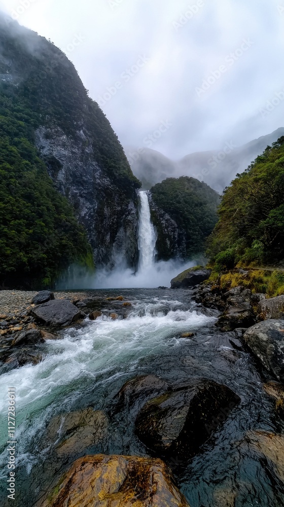 A waterfall is flowing down a rocky river A waterfall is flowing down a rocky river
