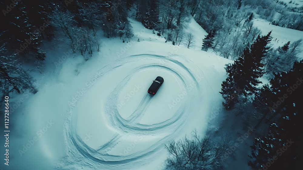 A skier being towed behind a car on a winding snowy trail leaving sharp tracks in the snow.