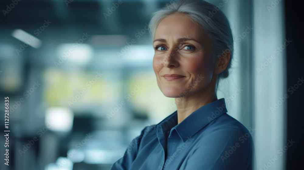 Fototapeta premium Confident senior businesswoman with folded arms exuding professionalism and success in a modern office environment