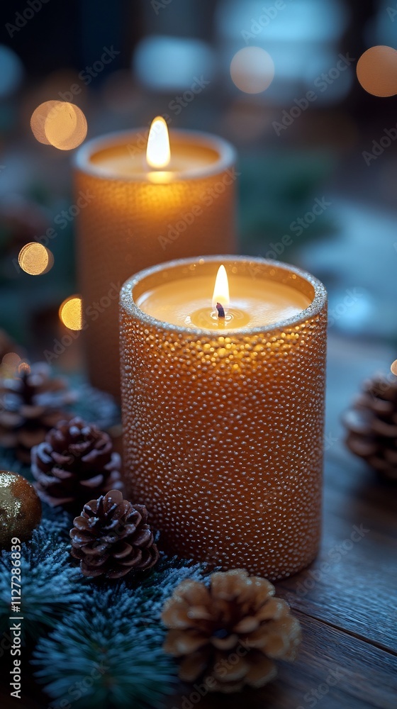 Glowing Christmas Candles on a Festively Decorated Table Glowing Christmas Candles on a Festively Decorated Table