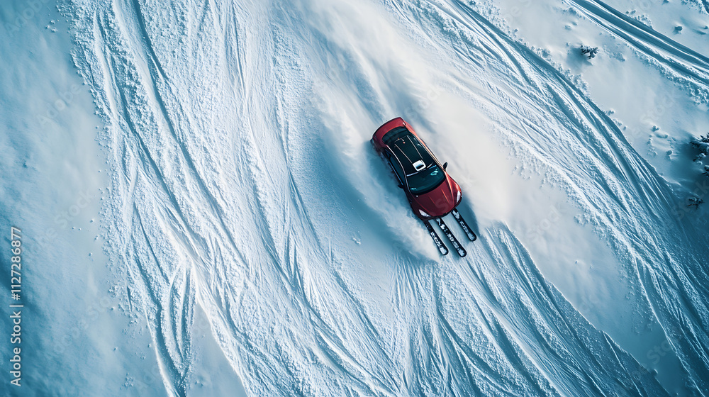 A skier being towed by a modified rally car leaving deep tracks in the snow.