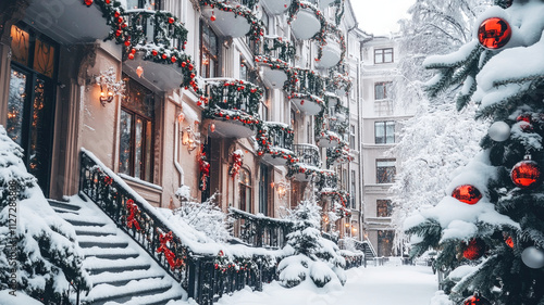 Fototapeta Naklejka Na Ścianę i Meble -  Cozy winter streets in the snow, decorated for the Christmas holidays.