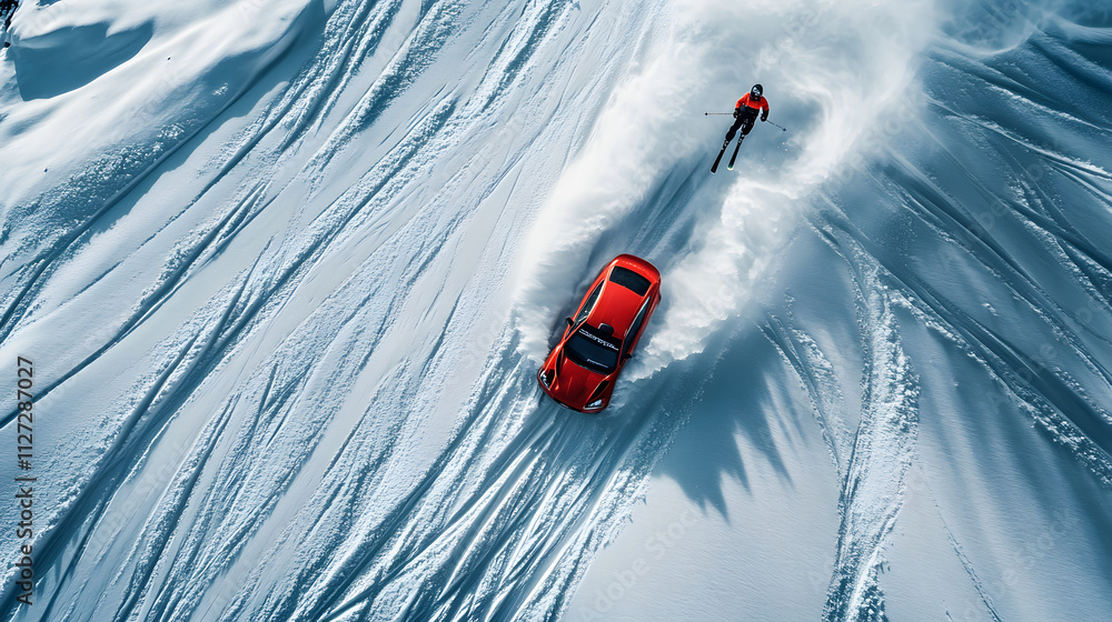 A skier being towed by a modified rally car leaving deep tracks in the snow.