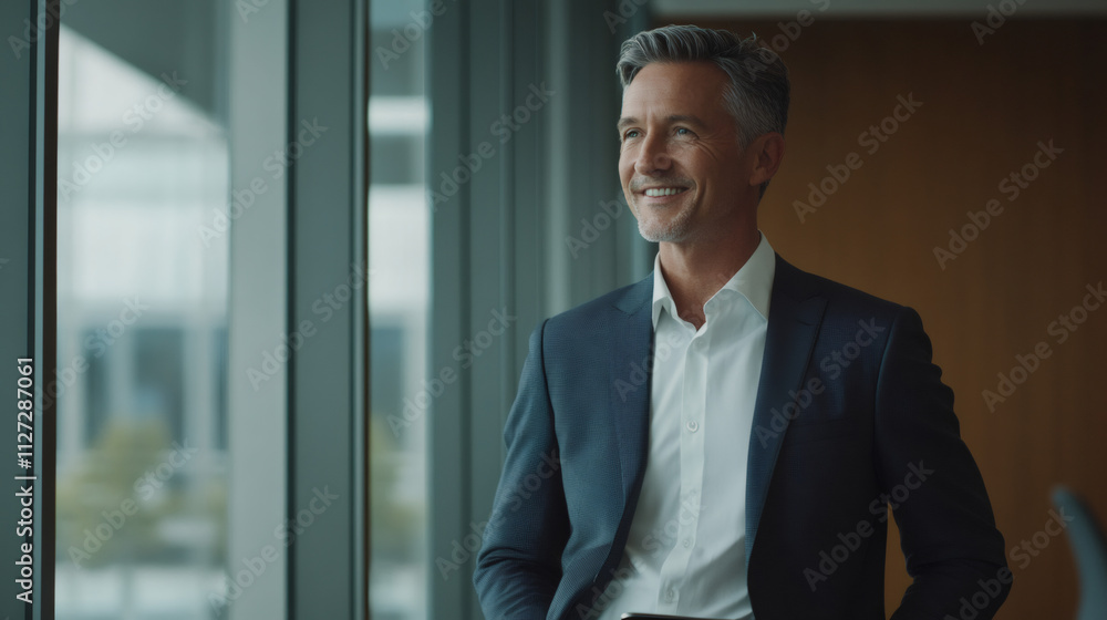 Happy businessman holding a tablet and looking out the window in a contemporary office setting Happy businessman holding a tablet and looking out the window in a contemporary office setting
