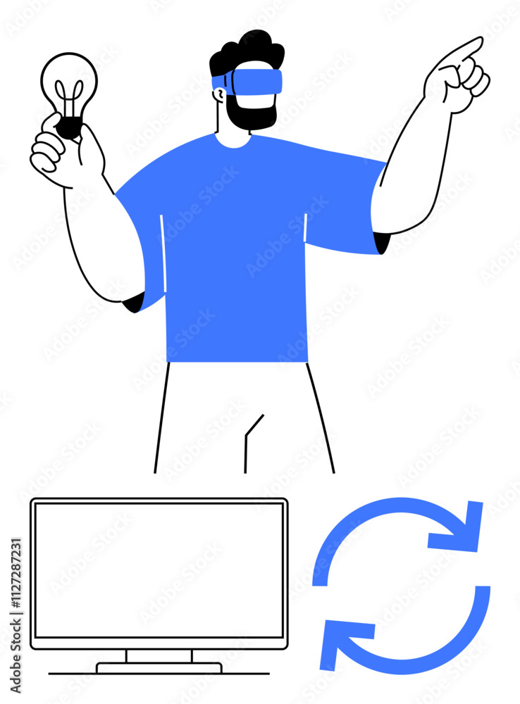 Man wearing VR headset holding lightbulb and pointing forward. Includes computer monitor and sync arrows. Ideal for technology, innovation, virtual reality, IT support, updates, digital solutions Man wearing VR headset holding lightbulb and pointing forward. Includes computer monitor and sync arrows. Ideal for technology, innovation, virtual reality, IT support, updates, digital solutions