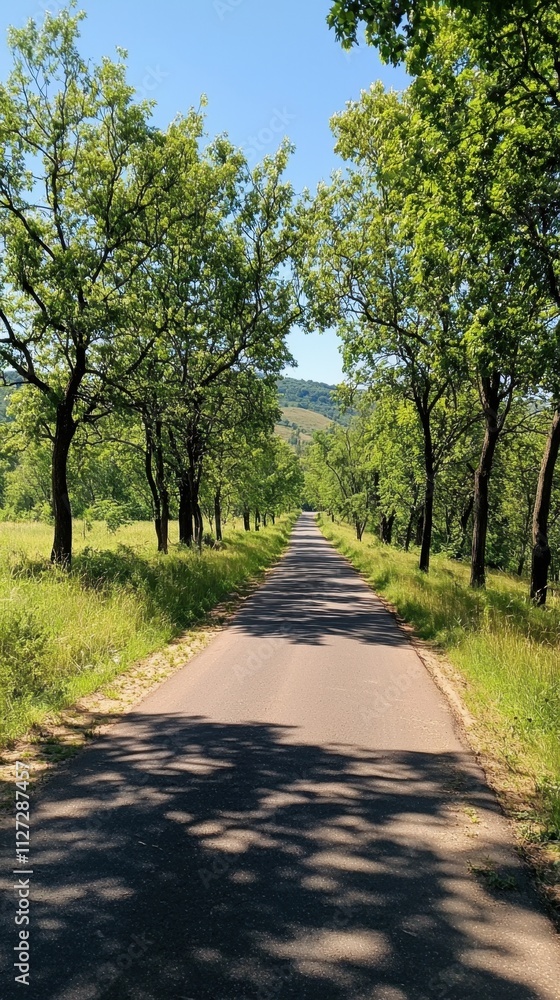 A road with trees on both sides and a clear blue sky A road with trees on both sides and a clear blue sky