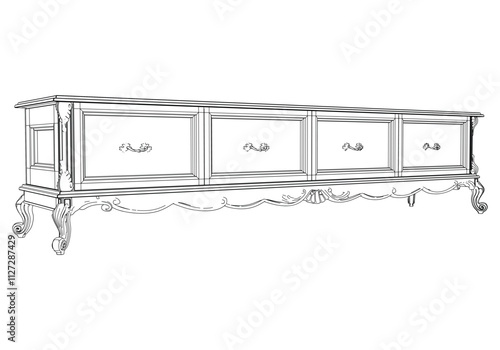 Elegant antique sideboard furniture and home interior decorations in trendy vintage retro style. Modern hand drawn black sketch vector illustrations isolated on white background