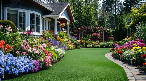 Vibrant Summer Garden Landscaping in Front of a Charming Suburban Home. AI Generated