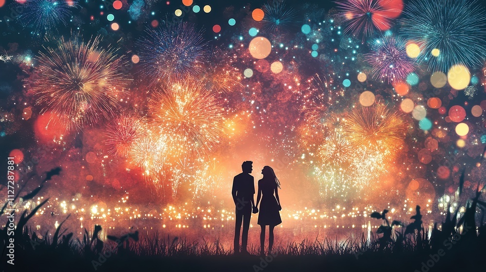 A joyful couple stands close under a night sky lit by vibrant fireworks, their faces glowing with happiness and the lights reflecting in their eyes as they hold hands. A joyful couple stands close under a night sky lit by vibrant fireworks, their faces glowing with happiness and the lights reflecting in their eyes as they hold hands.