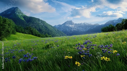 A beautiful field of flowers with a mountain in the background