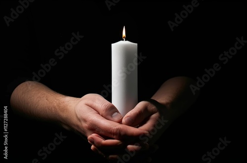 White candle in hands on a black background, with space for text. hands holding a candle